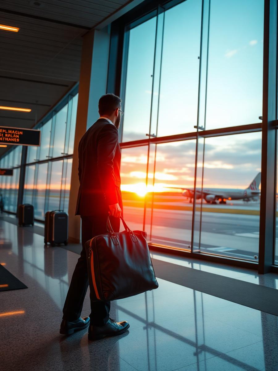 Executivo em sala de embarque de aeroporto a caminho de viagem corporativa